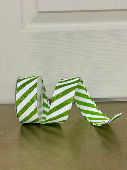 1.5 Inch By 10 Yard Lime White Flat All Glitter Candy Cane Stripe Ribbon