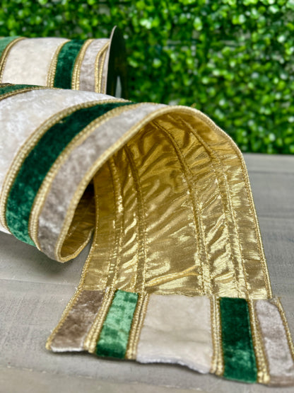 John Mark 6 Inch By 10 Yard Stripe Gray Green White Velvet Metallic Dupioni Ribbon
