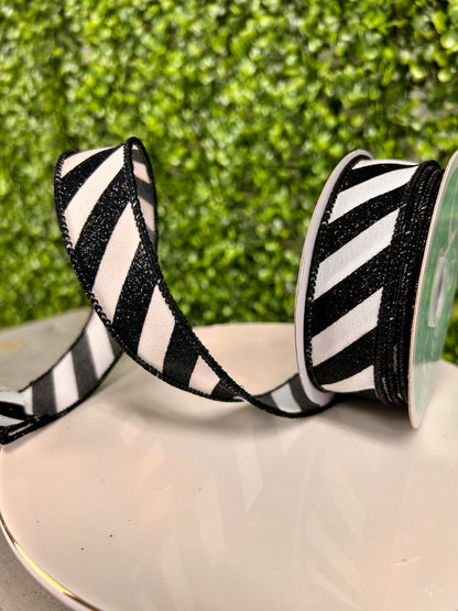 7/8 Inch By 10 Yard White And Black Diagonal Glitter Stripe Ribbon