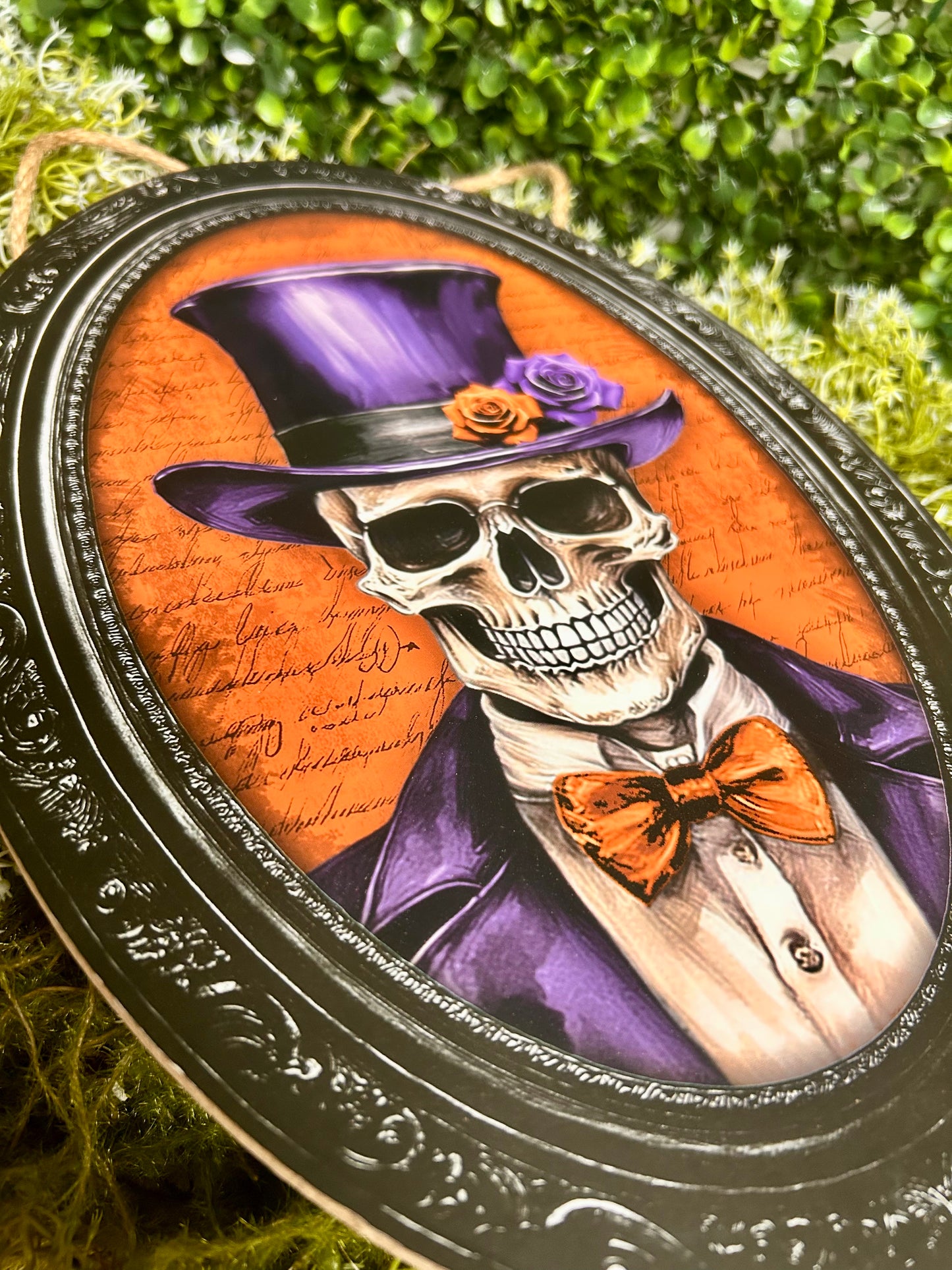 13 Inch By 9 Inch Purple Orange And Black Skeleton Portrait Wood Sign