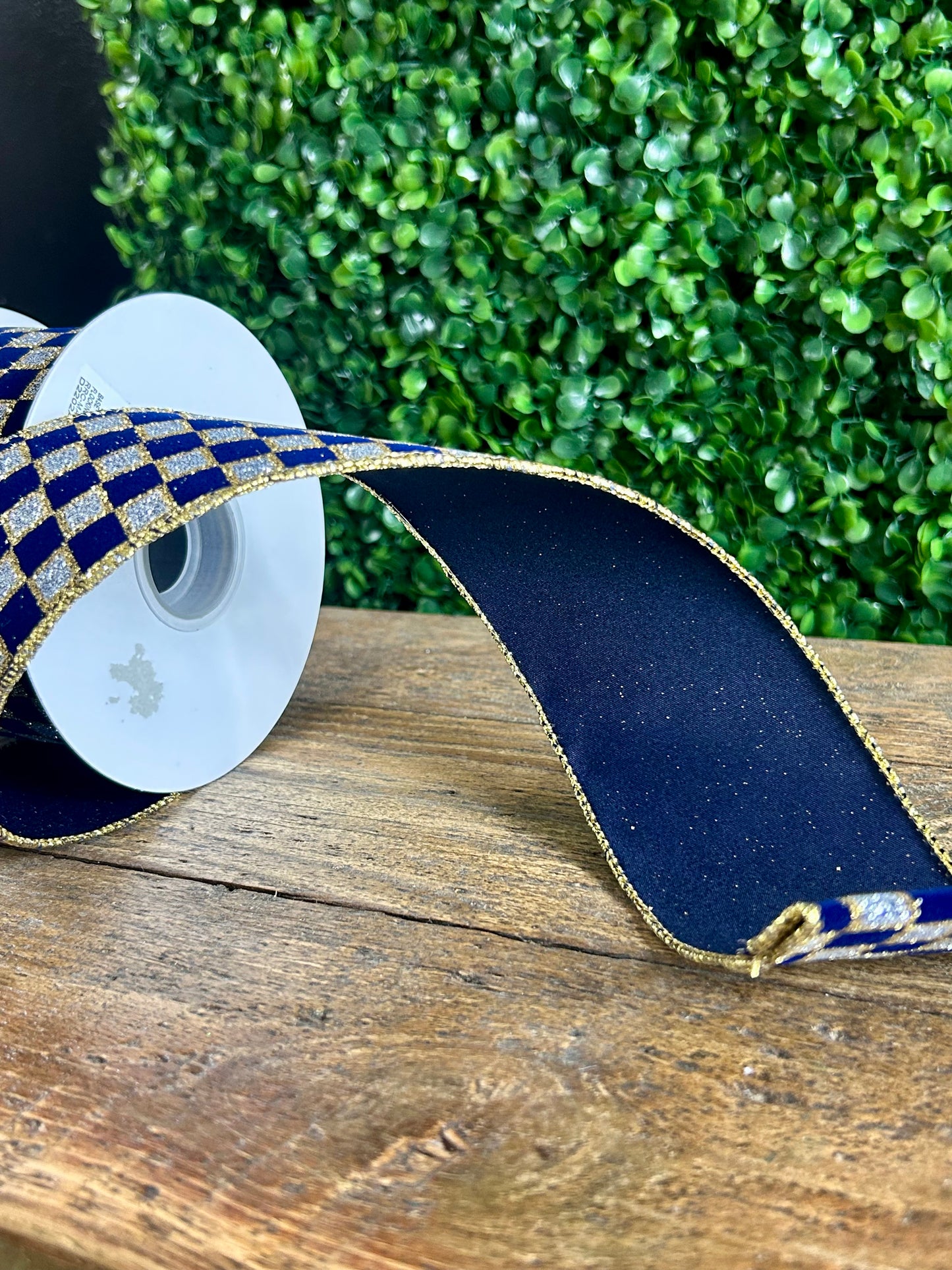 2.5 Inch By 10 Yard Navy And Silver Velvet Glitter Check Ribbon
