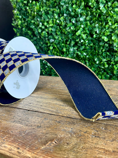 2.5 Inch By 10 Yard Navy And Silver Velvet Glitter Check Ribbon