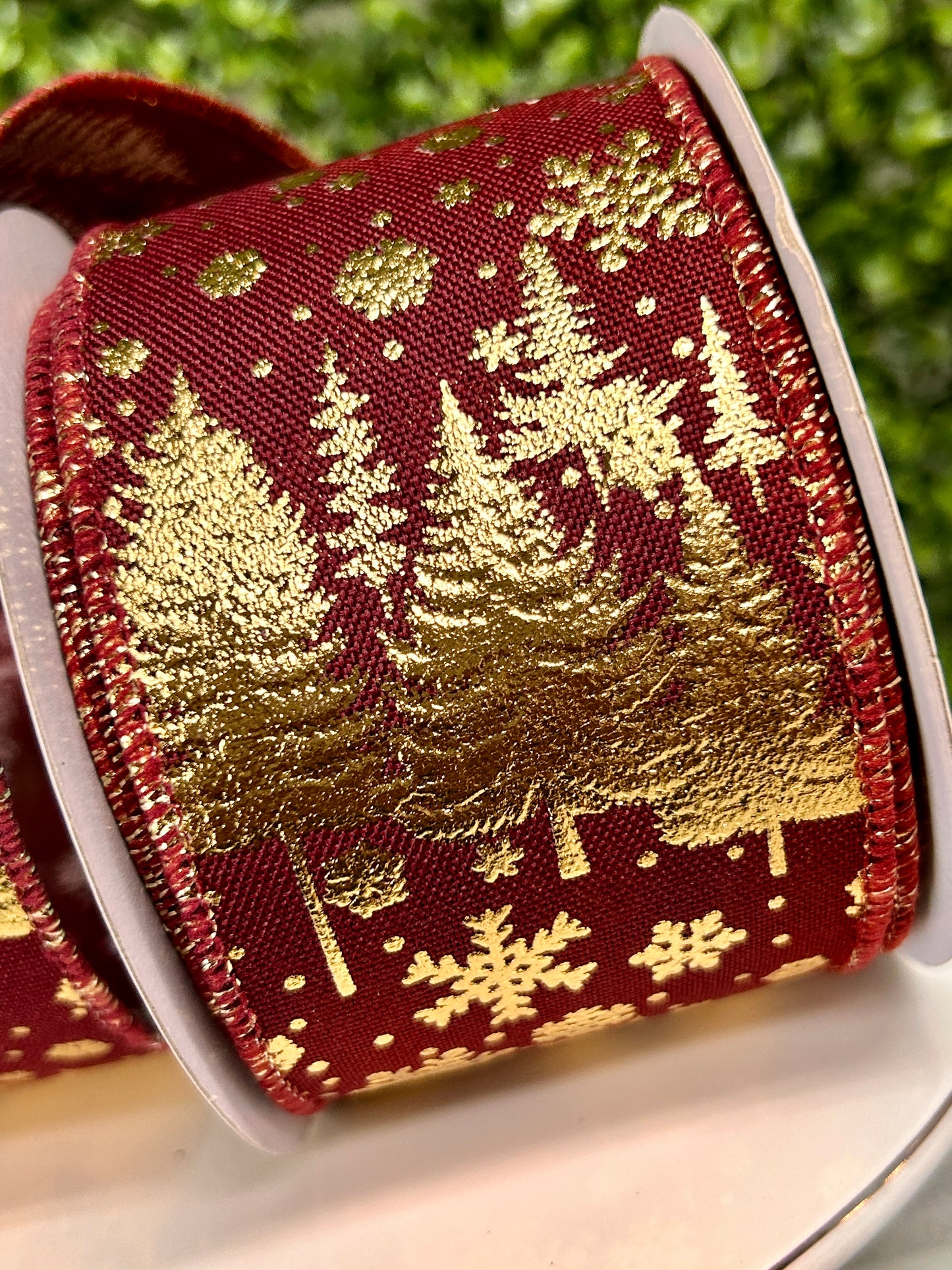 2.5 Inch By 10 Yard Burgundy And Gold Pine Trees And Snowflakes Ribbon