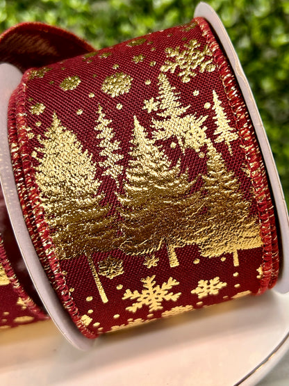 2.5 Inch By 10 Yard Burgundy And Gold Pine Trees And Snowflakes Ribbon