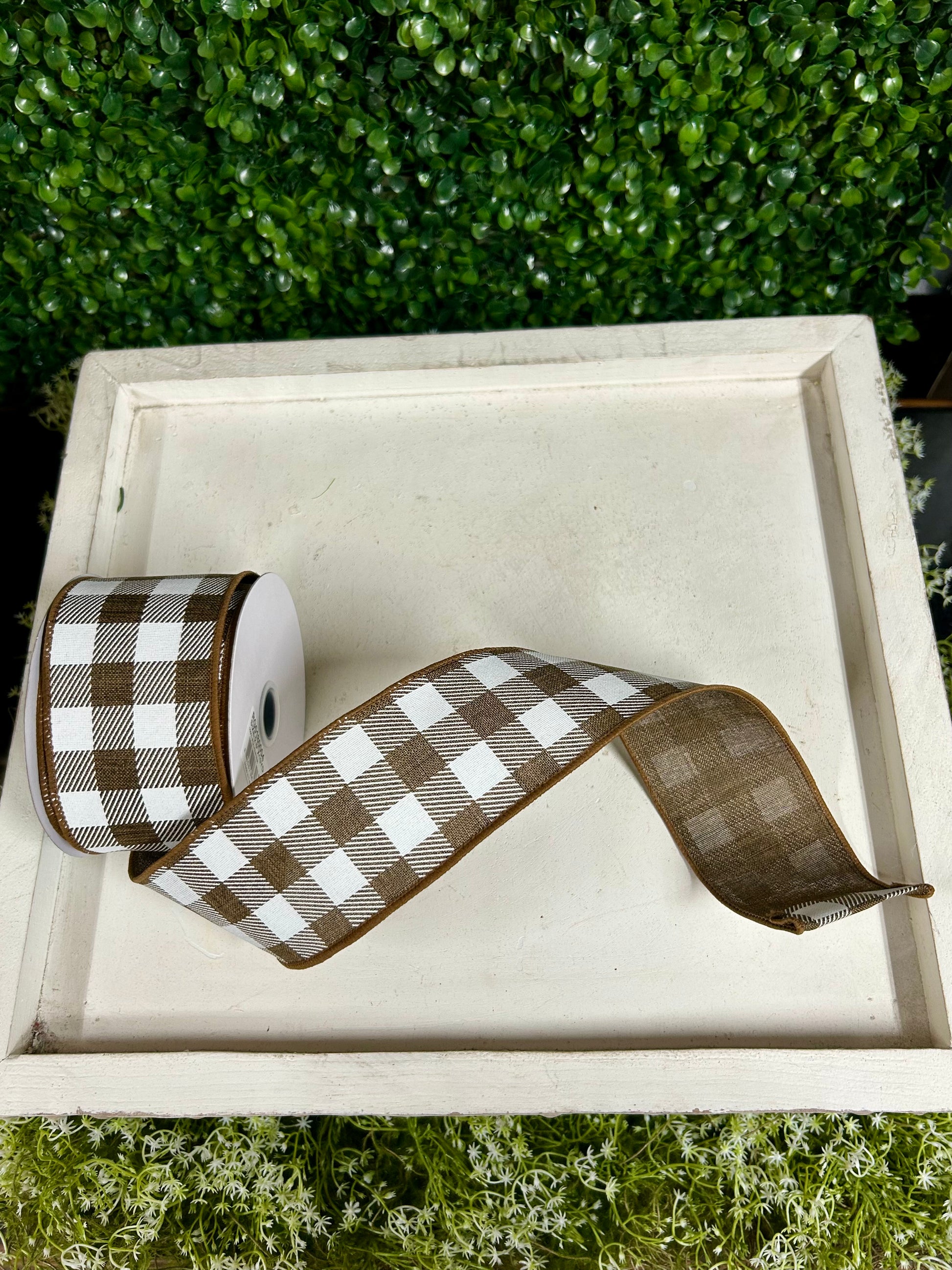 Striped Check Raspberry 2.5 Inch By 10 Yard Brown And White Striped Check On Royal Ribbon ...