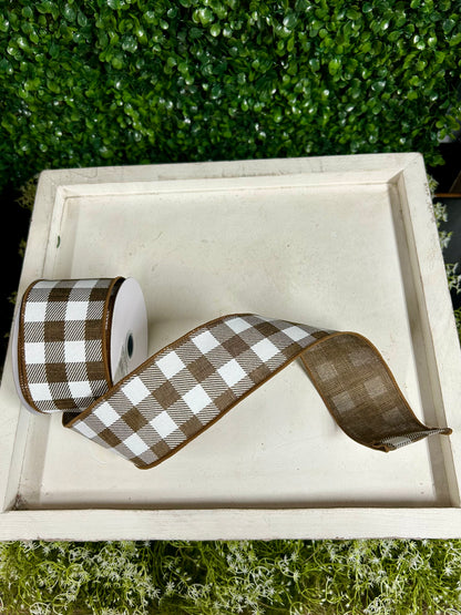 2.5 Inch By 10 Yard Brown And White Striped Check On Royal Ribbon