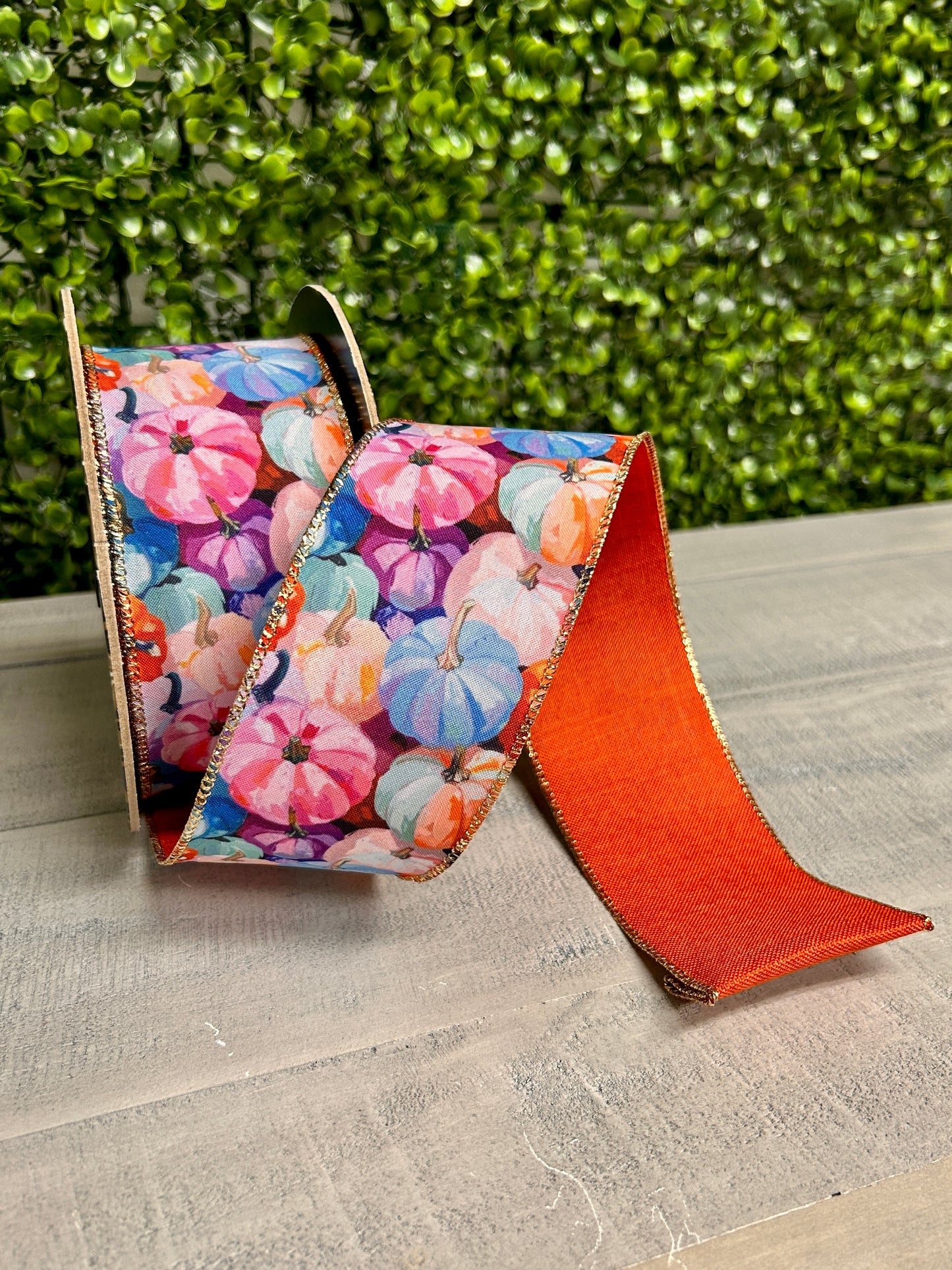 2.5 Inch By 10 Yard Abstract Linen Pastel Pumpkins With Rust Backing Ribbon