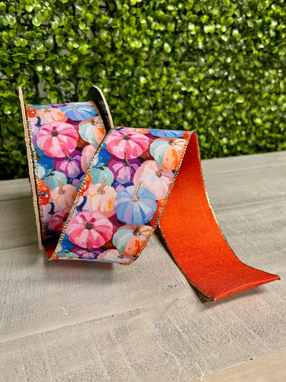 2.5 Inch By 10 Yard Abstract Linen Pastel Pumpkins With Rust Backing Ribbon