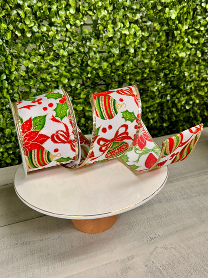 2.5 Inch By 10 Yard Poinsettia And Ornaments Ribbon