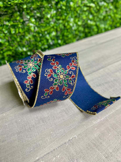 2.5 Inch By 10 Yard Navy Emerald And Red Ornate Loop Diamond Ribbon