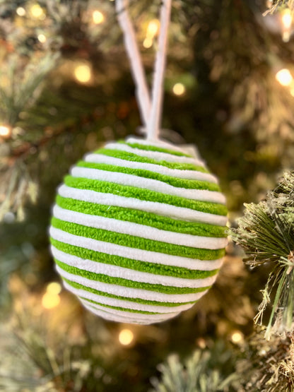 4.5 Inch Chenille Ball Ornament Green And White