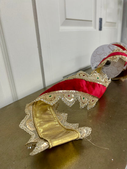 4 Inch By 5 Yard Gold Trim With Jewels On The Edge Of Red Ribbon