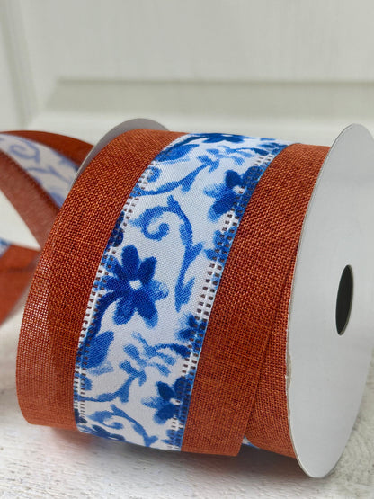2.5 Inch By 10 Yard Rust Burlap Background With Blue Watercolor Flowers Middle Ribbon