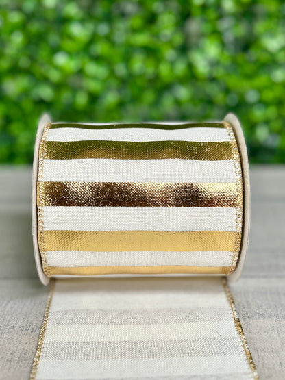 4 Inch By 10 Yard White Linen Gold Horizontal Big Stripes Ribbon