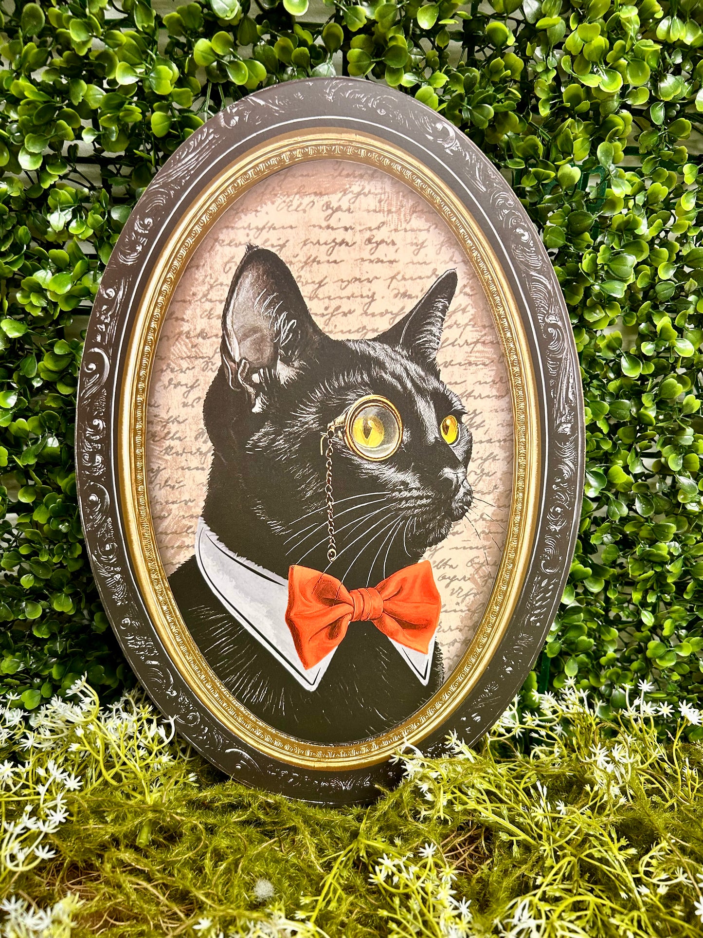 13 Inch By 9 Inch Black Cream And Orange Black Cat Portrait Wood Sign