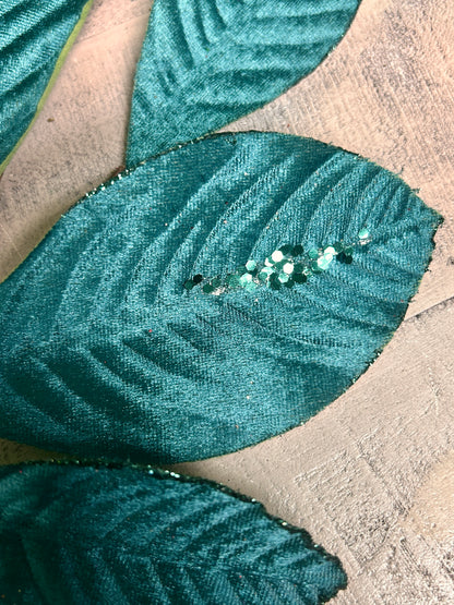 26 Inch Dark Teal Velvet Sequin Magnolia Leaf Spray