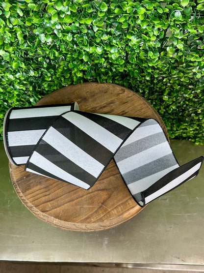 4 Inch By 10 Yard Black And White Wide Stripe Ribbon