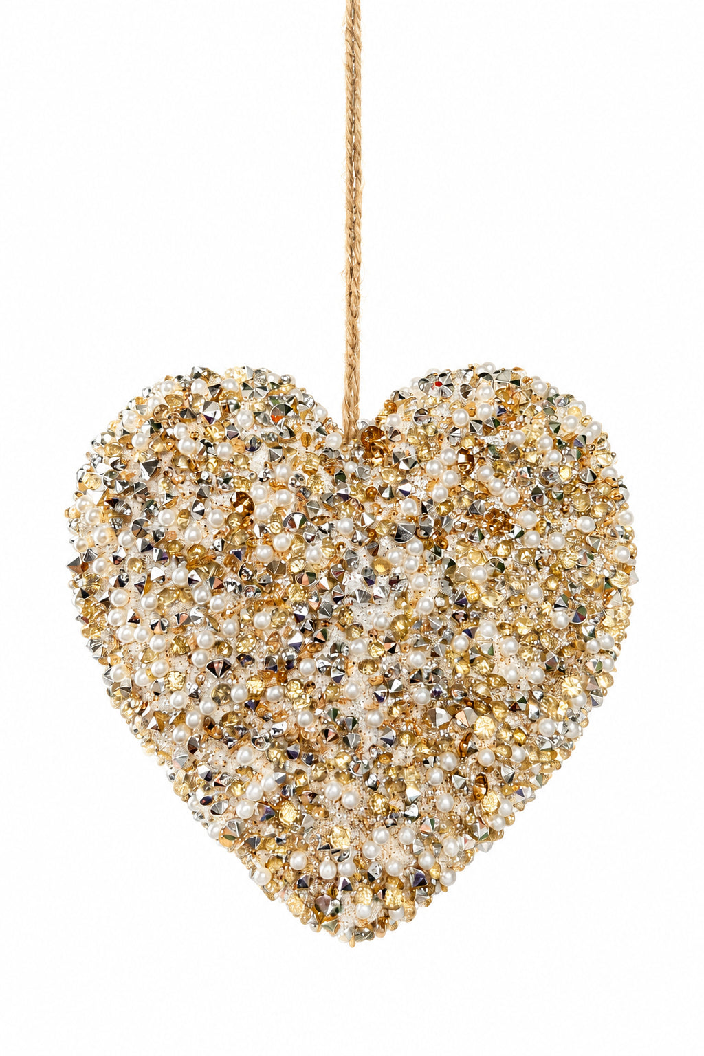 6 Inch Gold And White Beaded Heart Ornament