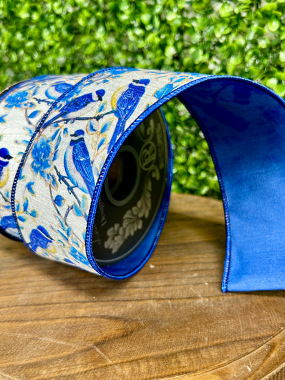 2.5 Inch By 10 Yard Blue Bird Perched Deluxe Dupioni Backed Wired Edge Ribbon