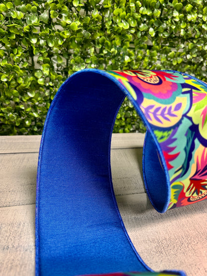D. Stevens 3 Inch By 10 Yards Blue Lime And Aqua Abstract Foliage Satin Ribbon