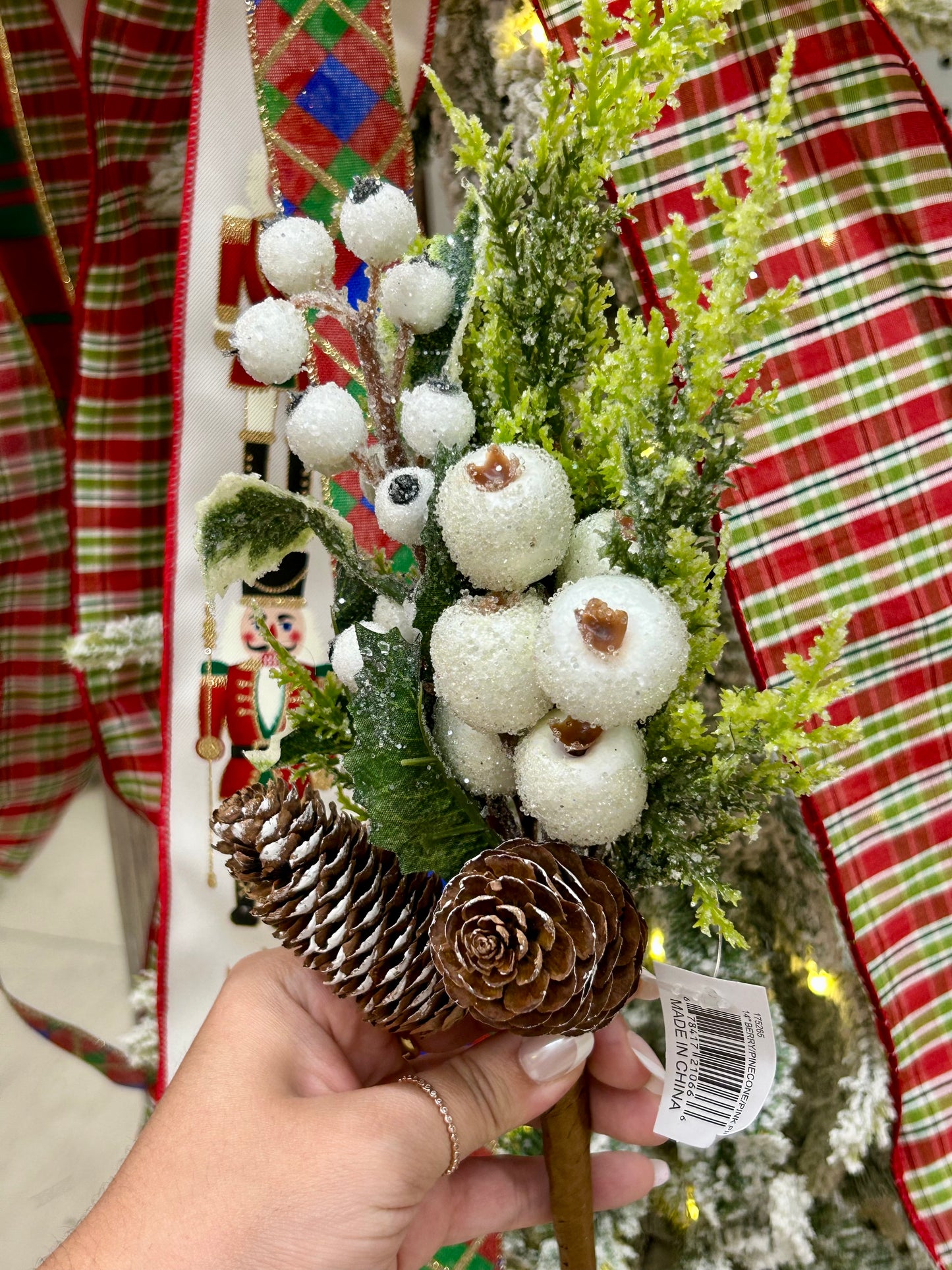 14 Inch White Berry Pinecone Pick