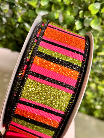 1.5 Inch By 10 Yard Hot Pink Lime Black And Orange Horizontal Stripe Ribbon