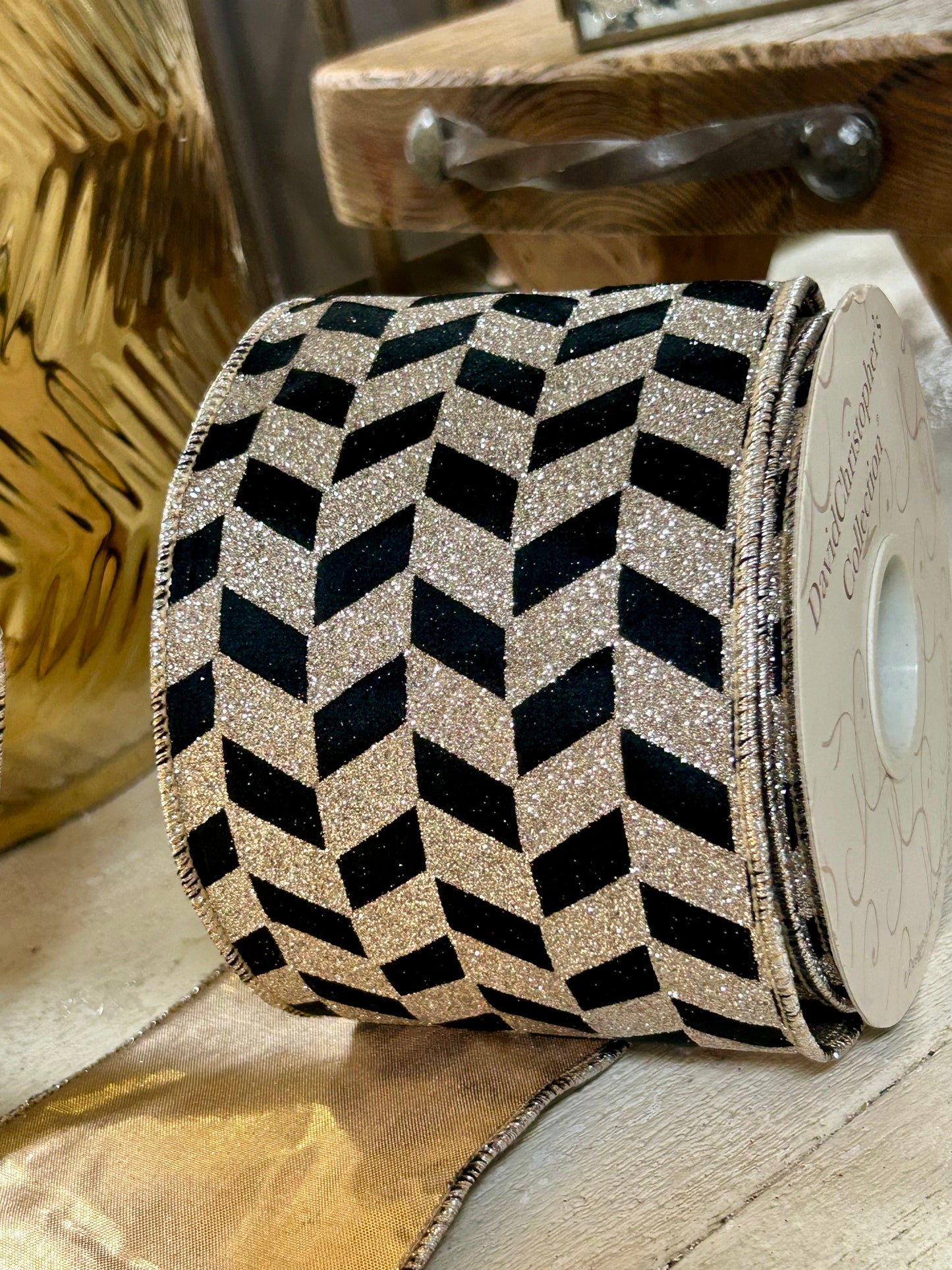 4 Inch By 10 Yard Black Velvet With Champagne Glitter Blocks Ribbon