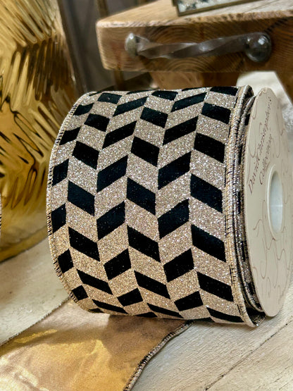 4 Inch By 10 Yard Black Velvet With Champagne Glitter Blocks Ribbon