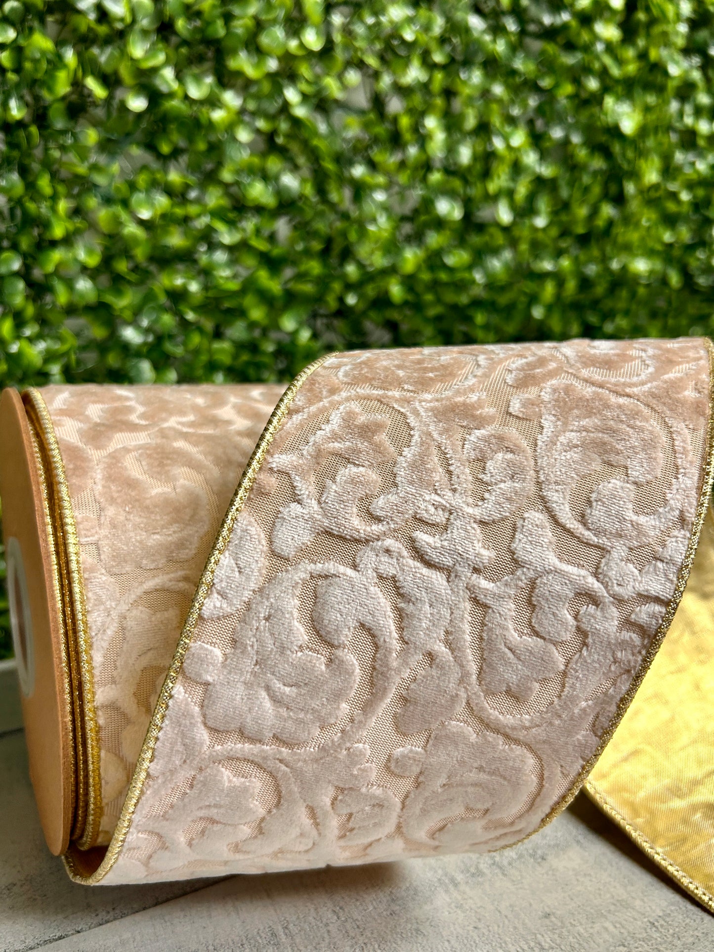 4 Inch By 10 Yard Ivory Velvet Floral Embossed Reversible With Gold Backing Ribbon