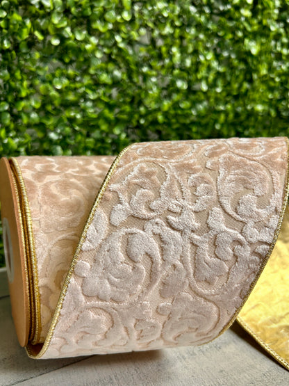 4 Inch By 10 Yard Ivory Velvet Floral Embossed Reversible With Gold Backing Ribbon