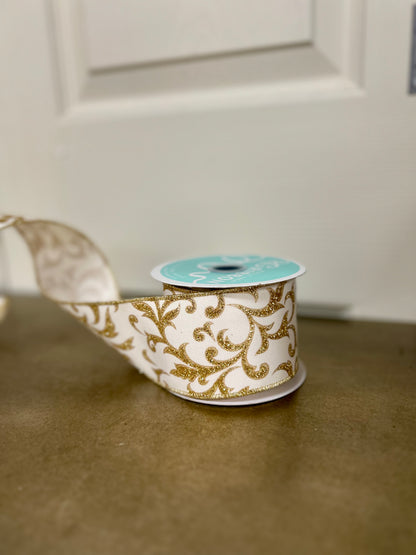 2.5 Inch By 10 Yard Ivory And Gold Acanthus Leaf Ribbon
