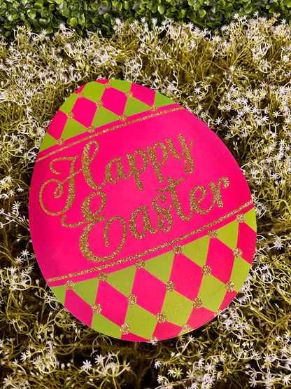 12 Inch Harlequin Easter Egg Glitter Wood Sign