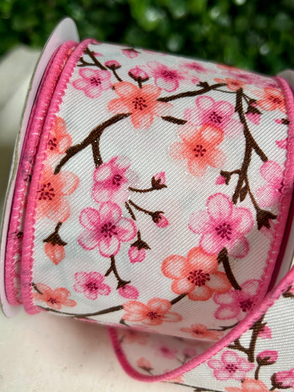 2.5 Inch White Pink And Peach Cherry Blossoms Ribbon