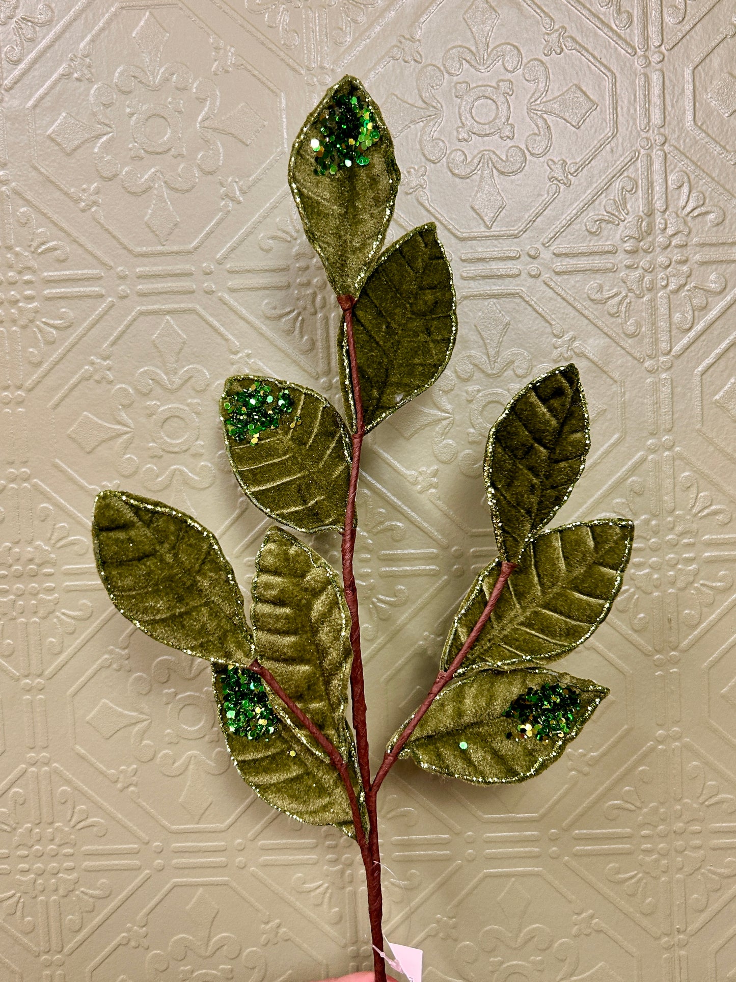 27 Inch Moss Green Velvet And Glitter Magnolia Leaf Spray
