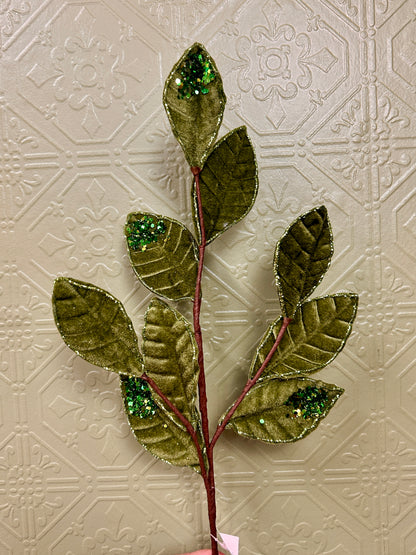 27 Inch Moss Green Velvet And Glitter Magnolia Leaf Spray