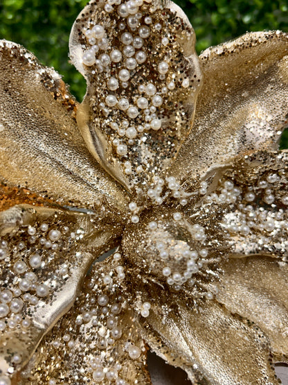 17 Inch Pearl Beaded Gold Magnolia Stem