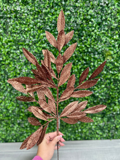 23 Inch Copper Brown Glitter Bay Leaf Spray