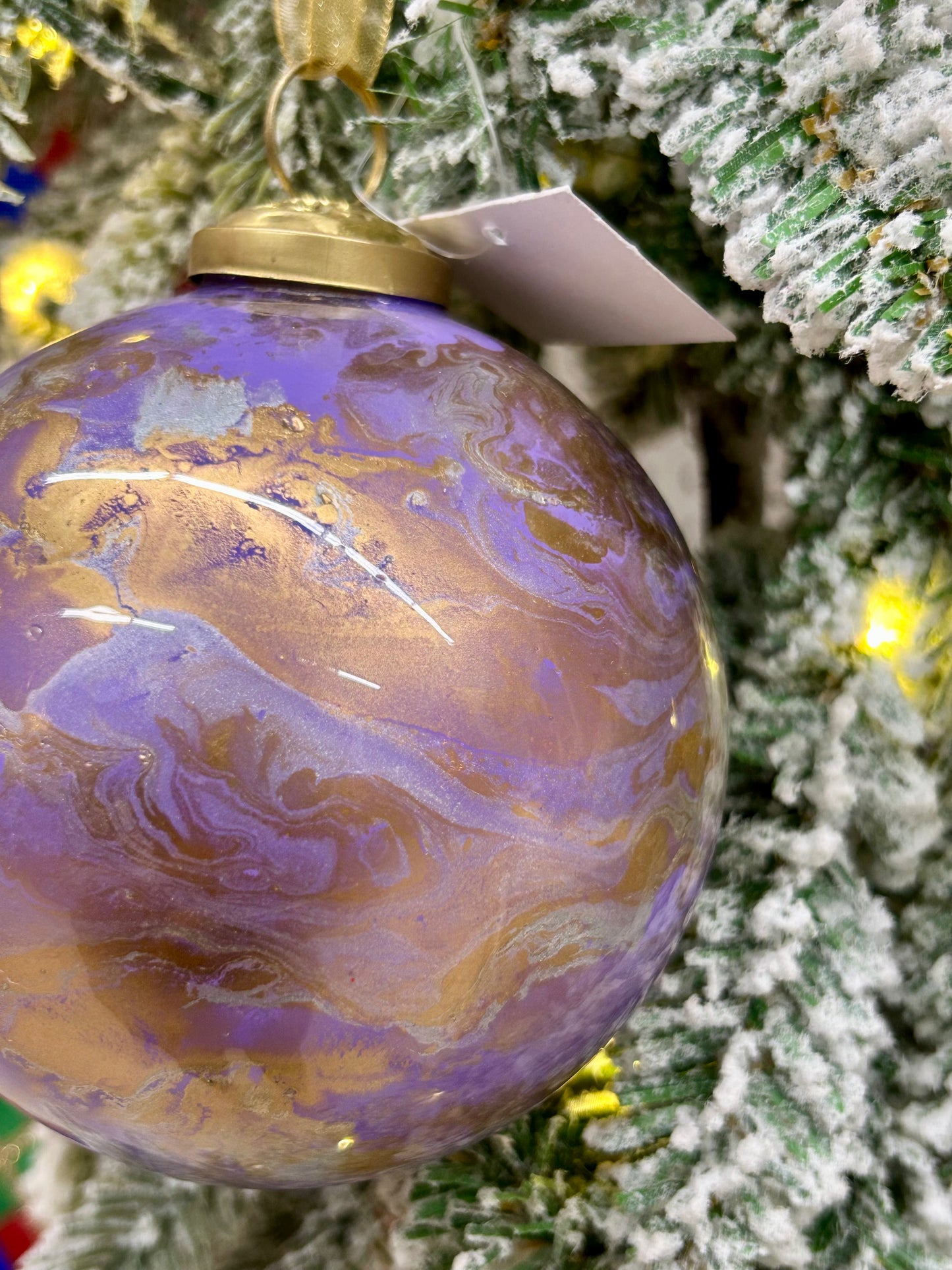 4 Inch Lavender Gold And White Marble Glass Ball Ornament