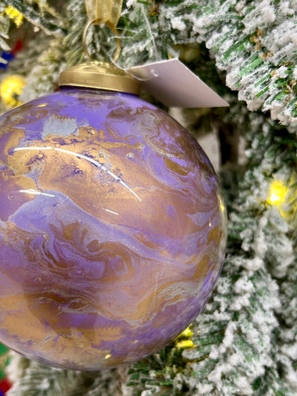 4 Inch Lavender Gold And White Marble Glass Ball Ornament