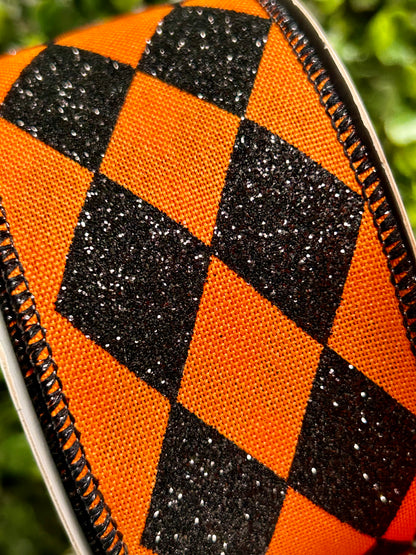 2 Inch By 10 Yard Orange And Black Glitter Harlequin Check Ribbon