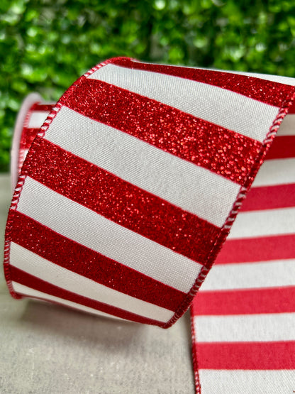 2.5 Inch By 10 Yard Red And White Horizontal Glitter Stripe Ribbon