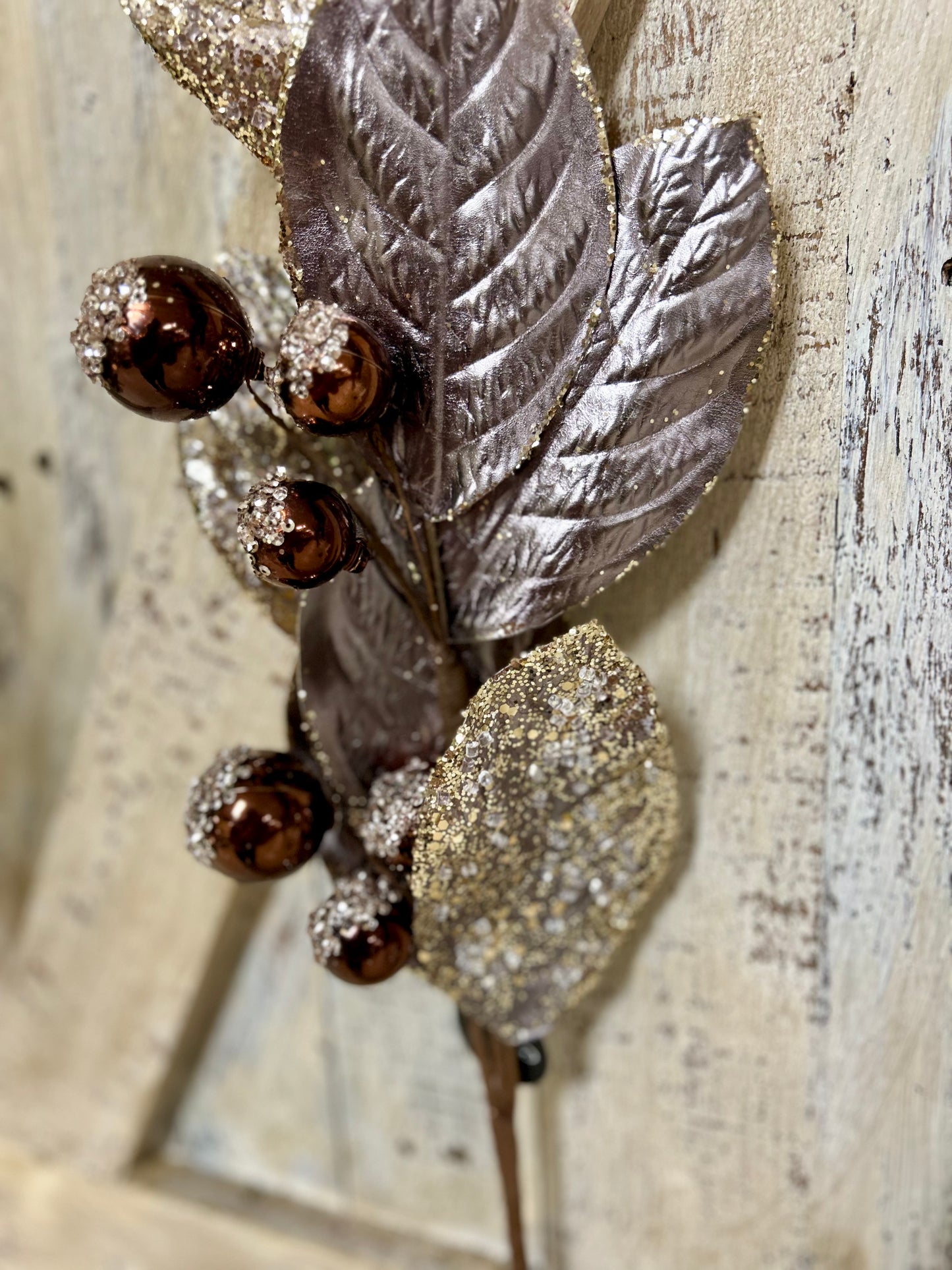 27.5 Inch Icy Pewter And Brown Metallic Magnolia Leaf Ball Spray