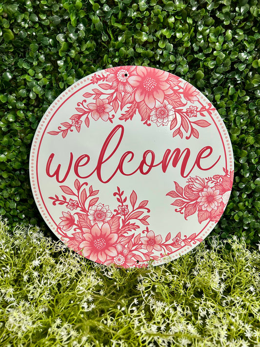 12 Inch Pink And White Metal Chinoiserie Welcome Sign