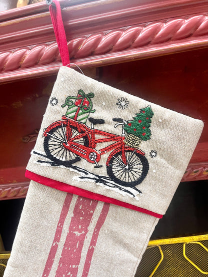 Fabric Christmas Stocking With Truck Or Bicycle Design 2 Assorted Styles