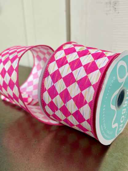 2.5 Inch By 10 Yard Hot Pink And White Antique Diamond Ribbon