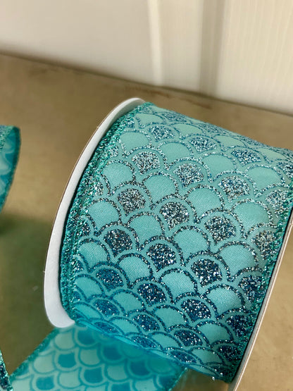 2.5 Inch By 10 Yard Aqua Glitter Fish Scales Pattern Ribbon