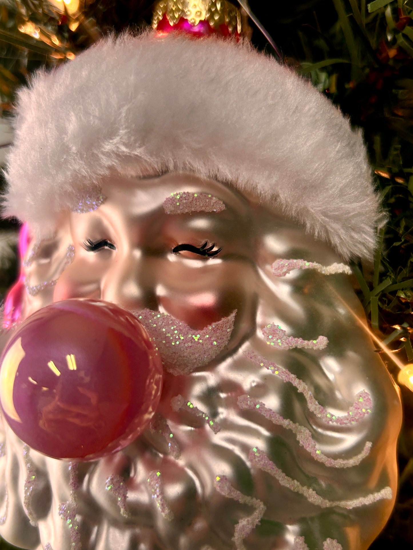 6 Inch Pink Bubblegum Glass Santa Ornament