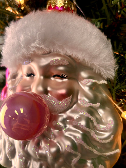 6 Inch Pink Bubblegum Glass Santa Ornament