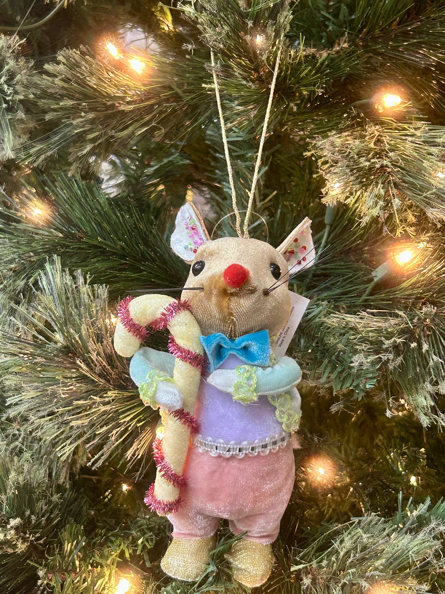 Mark Roberts 6 Inch Felt Pastel Mouse With Candy Cane Ornament