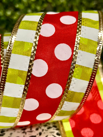 2.5 Inch By 10 Yard Red And White Polka Dots With Lime Stripes Ribbon